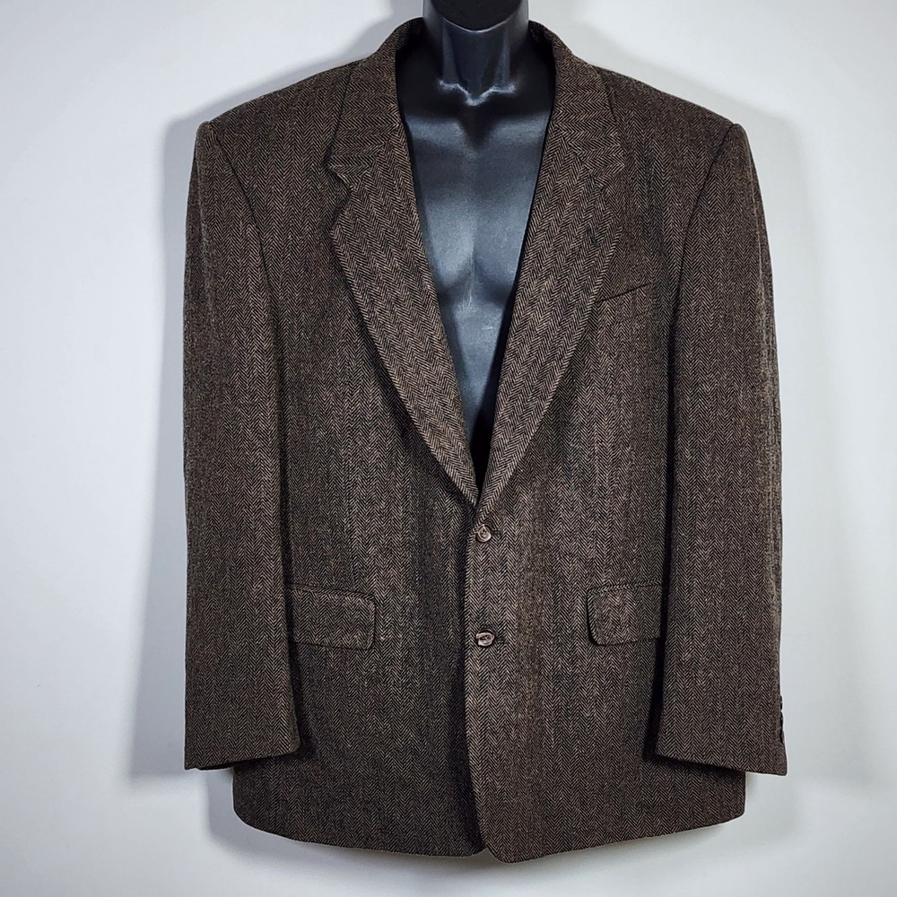Wool Herringbone Blazer Mens 50R Brown Tweed Sport Coat Academic Vintage Hipster